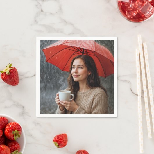 Vrouw met warme koffiekop onder een rode paraplu servet (Insitu)