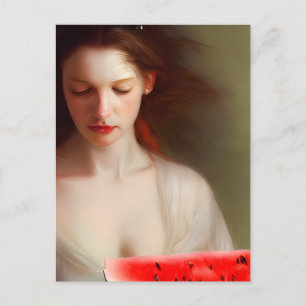 Vrouw met watermeloen briefkaart