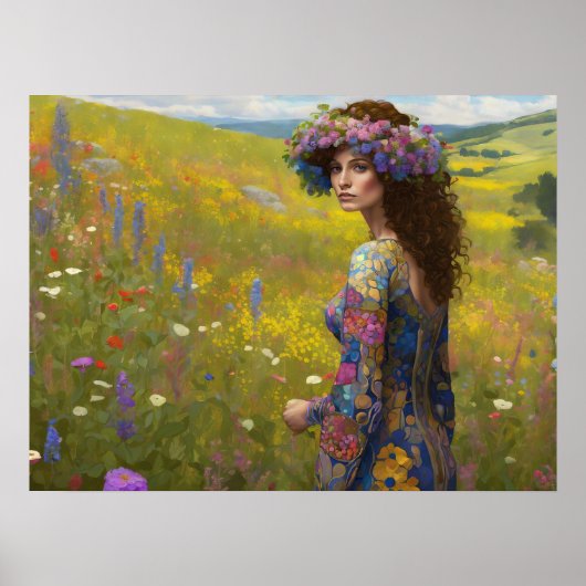 Vrouw met Wildbloemen in Hill Country Art Poster (Voorkant)