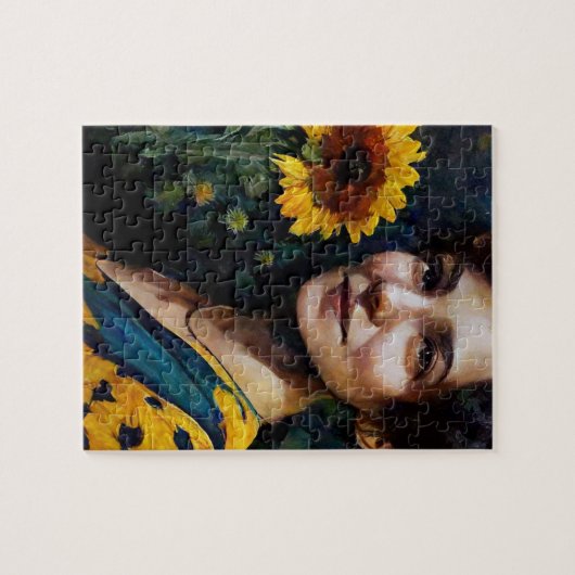 Vrouw met zonnebloem legpuzzel (Horizontaal)