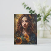 Vrouw met zonnebloemen briefkaart (Staand voorkant)