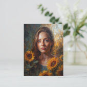 Vrouw met zonnebloemen briefkaart (Staand voorkant)