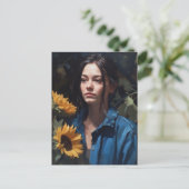 Vrouw met zonnebloemen Briefkaart (Staand voorkant)
