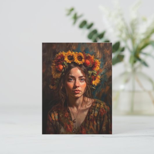 Vrouw met Zonnebloemen Herfst Oogst Kroon Briefkaart (Staand voorkant)