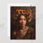 Vrouw met Zonnebloemen Herfst Oogst Kroon Briefkaart (Voorkant / Achterkant)
