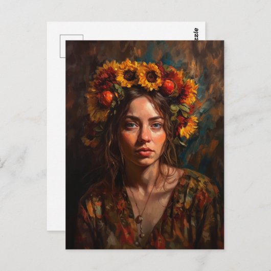 Vrouw met Zonnebloemen Herfst Oogst Kroon Briefkaart (Voorkant / Achterkant)