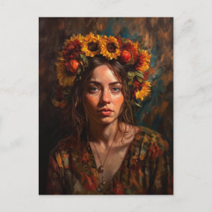 Vrouw met Zonnebloemen Herfst Oogst Kroon Briefkaart