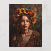 Vrouw met Zonnebloemen Herfst Oogst Kroon Briefkaart (Voorkant)
