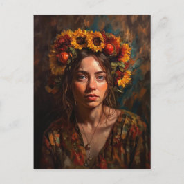 Vrouw met Zonnebloemen Herfst Oogst Kroon Briefkaart