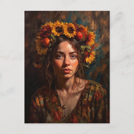 Vrouw met Zonnebloemen Herfst Oogst Kroon Briefkaart (Voorkant)