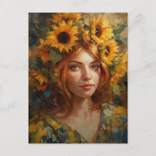 Vrouw met zonnebloemen in haar haar briefkaart