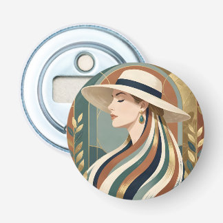 Vrouw met zonnehoed art deco button flesopener