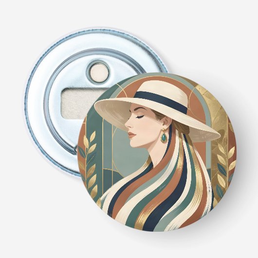 Vrouw met zonnehoed art deco button flesopener (Voorkant)