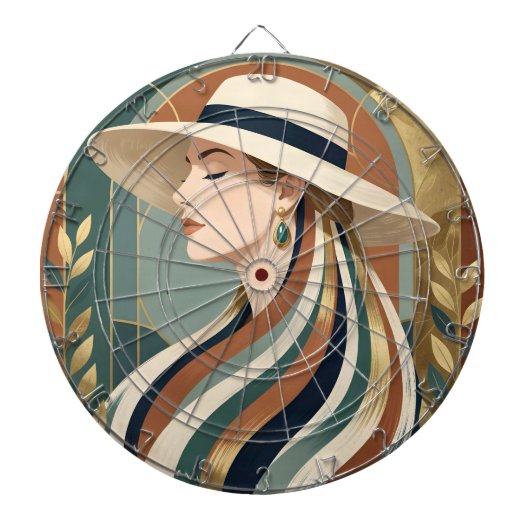 Vrouw met zonnehoed art deco dartbord (Voorkant)