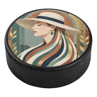 Vrouw met zonnehoed art deco hockey puck