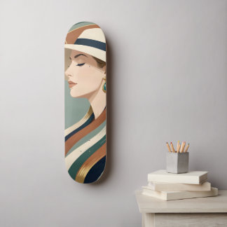 Vrouw met zonnehoed art deco persoonlijk skateboard