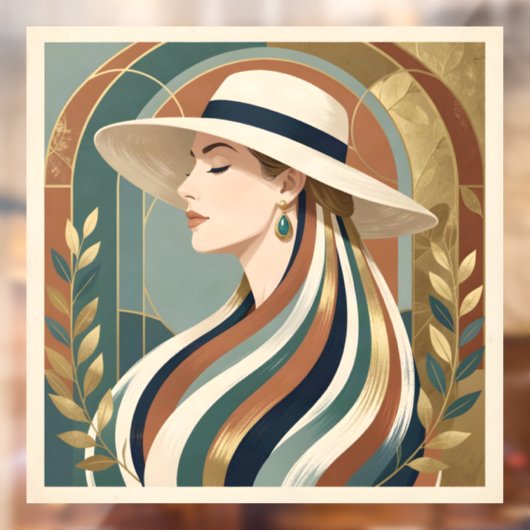 Vrouw met zonnehoed art deco raamsticker (Vel 2)