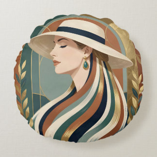 Vrouw met zonnehoed art deco rond kussen