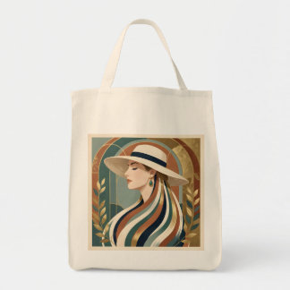 Vrouw met zonnehoed art deco tote bag