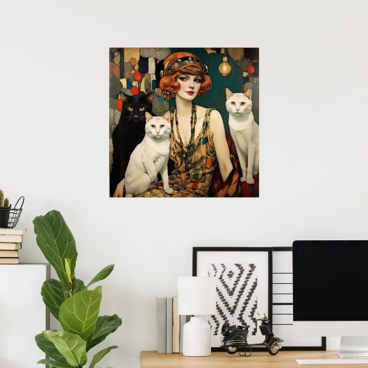 vrouw met zwarte en witte katten poster (Thuiskantoor)