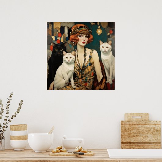 vrouw met zwarte en witte katten poster (Keuken)