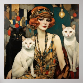   vrouw met zwarte en witte katten poster