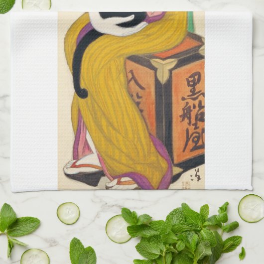 Vrouw met zwarte kat, Yumeji Takehisa Theedoek (Gevouwen)