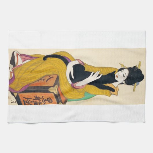 Vrouw met zwarte kat, Yumeji Takehisa Theedoek (Horizontaal)