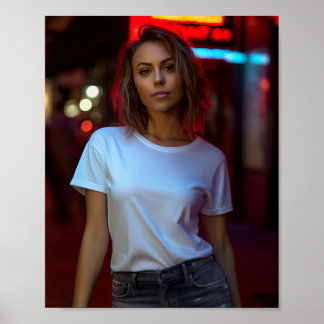 Vrouw model met een blanco wit Gildan t-shirt Poster