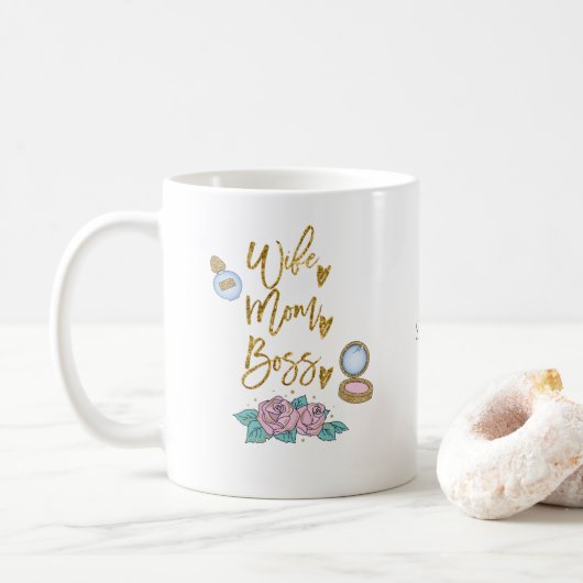 Vrouw Moeder Baas Gouden Typografie/Naam Koffiemok (Met donut)