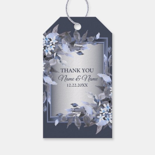 Vrouw: Navy Blue Floral Silver Gray Modern Cadeaulabel (Voorkant)