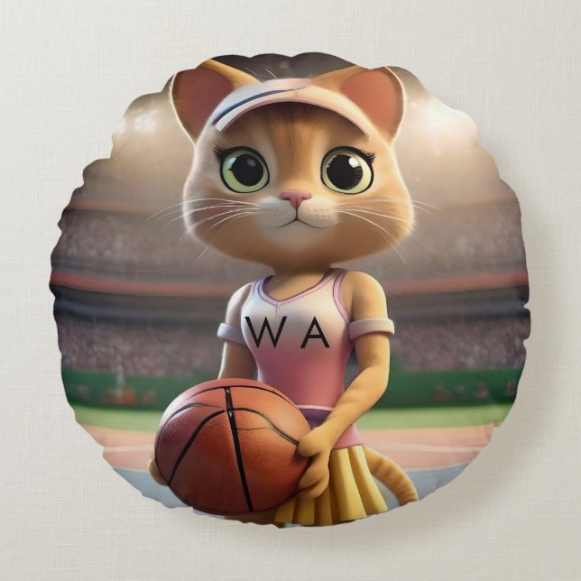 Vrouw Netball Cat, Rond Kussen (Voorkant)