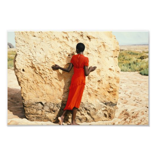 Vrouw omarmt Natuur in een levendige rode jurk Foto Afdruk (Voorkant)