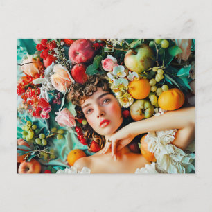 Vrouw omringd door fruit en bloesems briefkaart