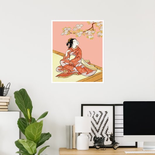 Vrouw onder Cherry Blossom Poster (Thuiskantoor)
