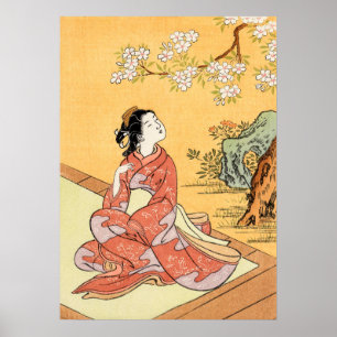 Vrouw onder Cherry Blossom Poster