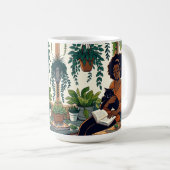 Vrouw Ontspannen met haar kat, boek en planten Koffiemok (Voorkant rechts)