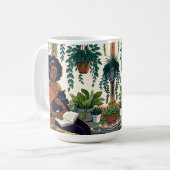 Vrouw Ontspannen met haar kat, boek en planten Koffiemok (Voorkant links)