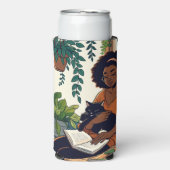 Vrouw Ontspannen met haar kat, boek en planten Seltzer Blikjeskoeler (Seltzer Voorkant)