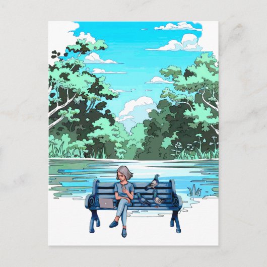 Vrouw op bank met duiven Design Briefkaart (Voorkant)