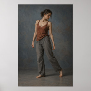 Vrouw op blote voeten in roestkleurige top en grij poster