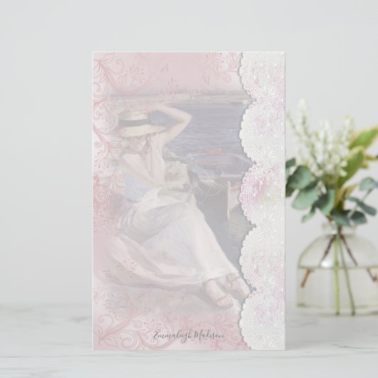 Vrouw op Dock Faux Lace Briefpapier (Staand voorkant)