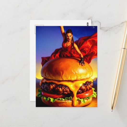 Vrouw op een Cheeseburger Briefkaart (Voorkant / Achterkant in situ)