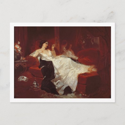 Vrouw op een rode sofa briefkaart (Voorkant)