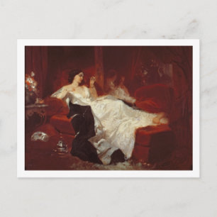 Vrouw op een rode sofa briefkaart