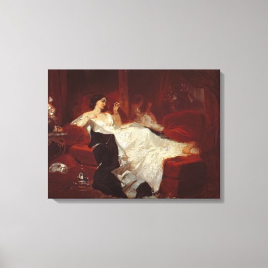 Vrouw op een rode sofa canvas afdruk (Voorkant)