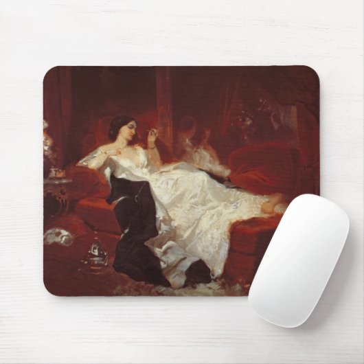 Vrouw op een rode sofa muismat (Met muis)