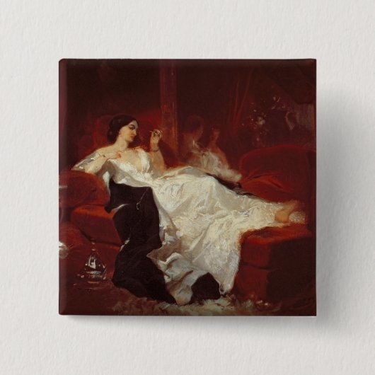 Vrouw op een rode sofa vierkante button 5,1 cm (Voorkant)