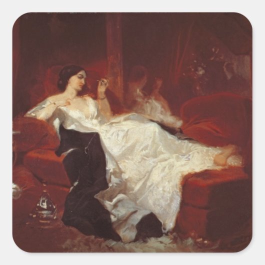 Vrouw op een rode sofa vierkante sticker (Voorkant)