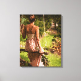 Vrouw op een schommel met bloemen canvas afdruk